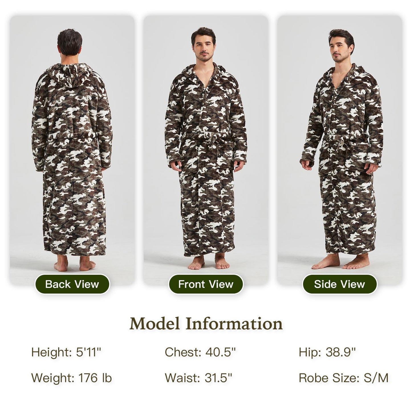 FashGudim mens big and tall robe long full length camo robe with hood for tall men warm plush house robes Fleece Bathrobes (Camouflage, S/M)