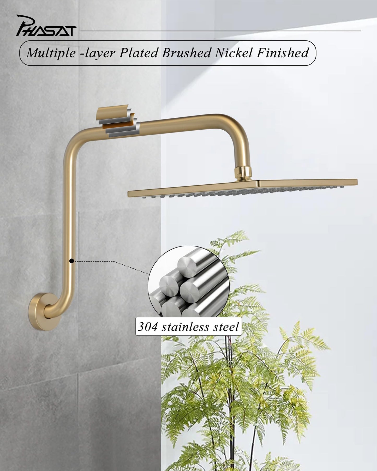 PHASAT S Shaped Shower Arm, High Rise Shower Arm with Flange, Brushed Gold