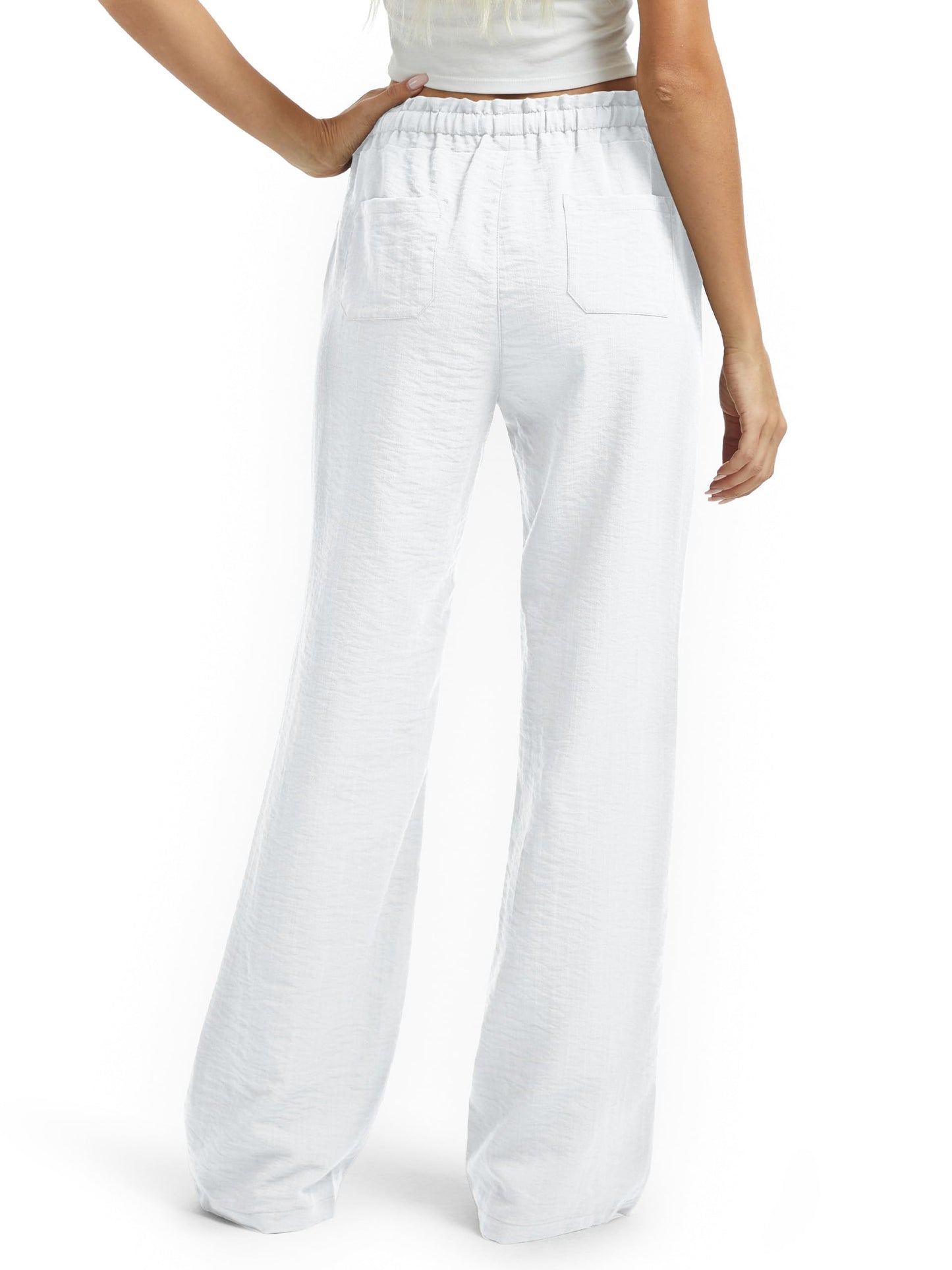 SEVEGO Women's Casual Linen Pants Extra Tall 36" Inseam Flared Leg Smocked Waist Beach Summer Slacks, White, Medium
