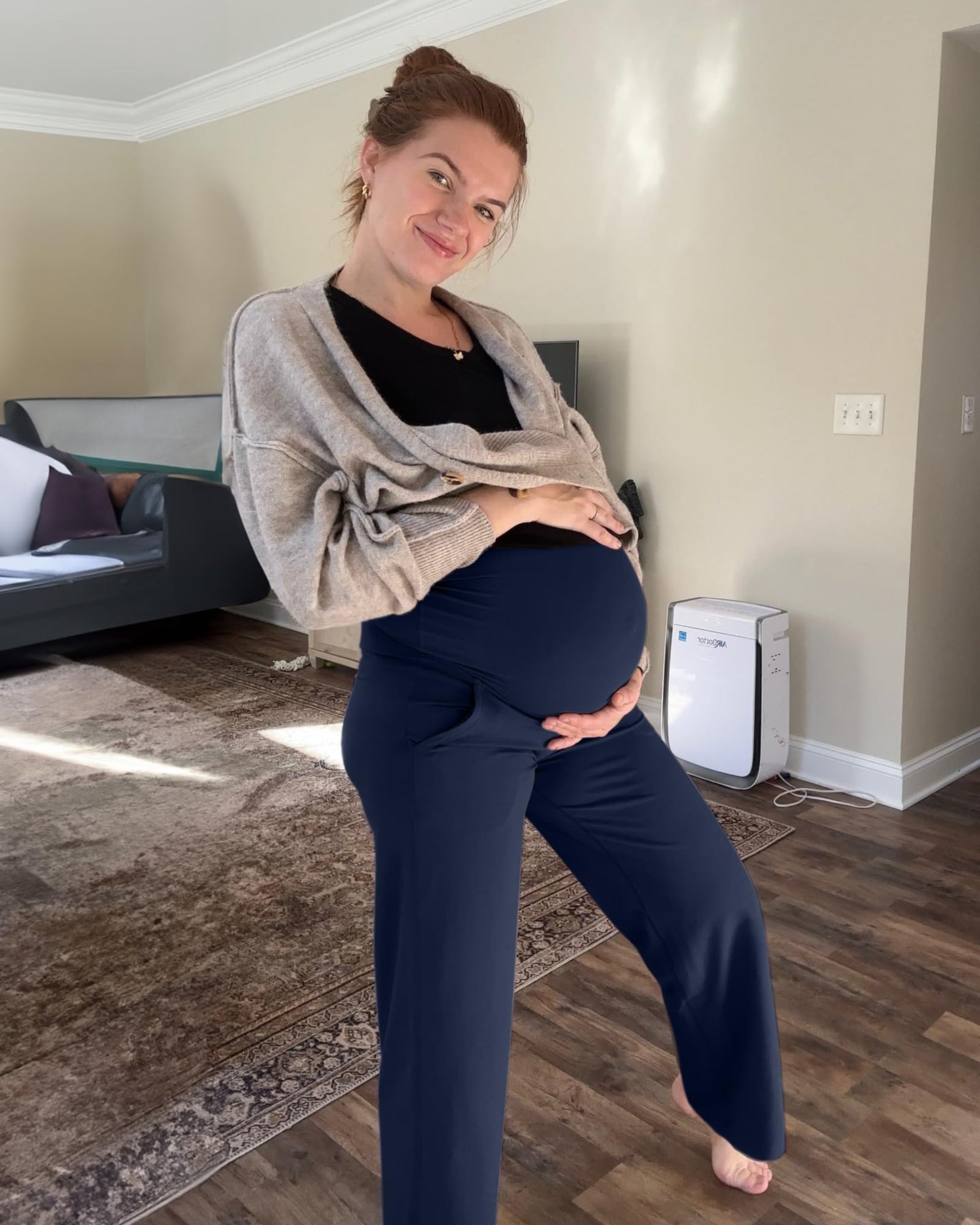 G4Free Maternity Lounge Pants with Pockets Yoga Wide Leg Pregnancy Slacks for Women Soft Stretchy for Work and Daily Wear(Royal Blue,M,34")