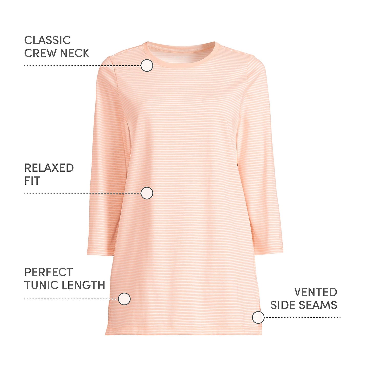 Lands' End Womens 3Q Cotton Supima Crew Neck Tunic Tinted Peach Micro Stripe Tall Medium
