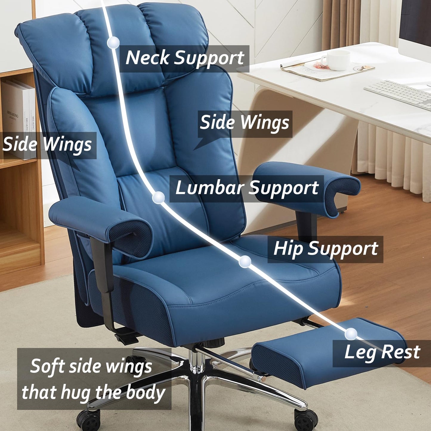Efomao Ergonomic Office Chair 450LBS with Foot Rest, High Back PU Leather Big and Tall Executive Chair with Adjustable Padded Armrests, Lumbar Support for Home or Work, Heavy Duty Computer Chair, Blue