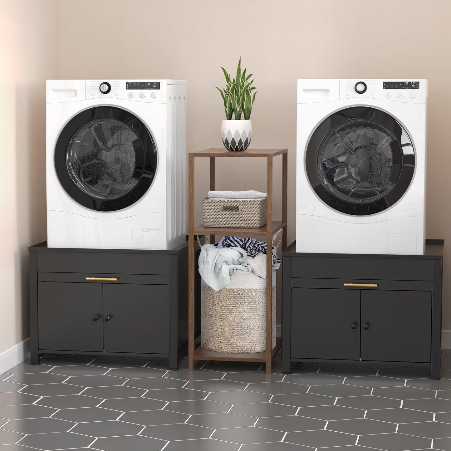 GDLF Laundry Pedestal Heavy Duty Metal Washer Dryer Pedestal 29" Universal Fit Anti-Vibration Washing Machine Stand with Laundry Basket Shelf and Built-in Drain Pan + Hose,770 LBS Capacity