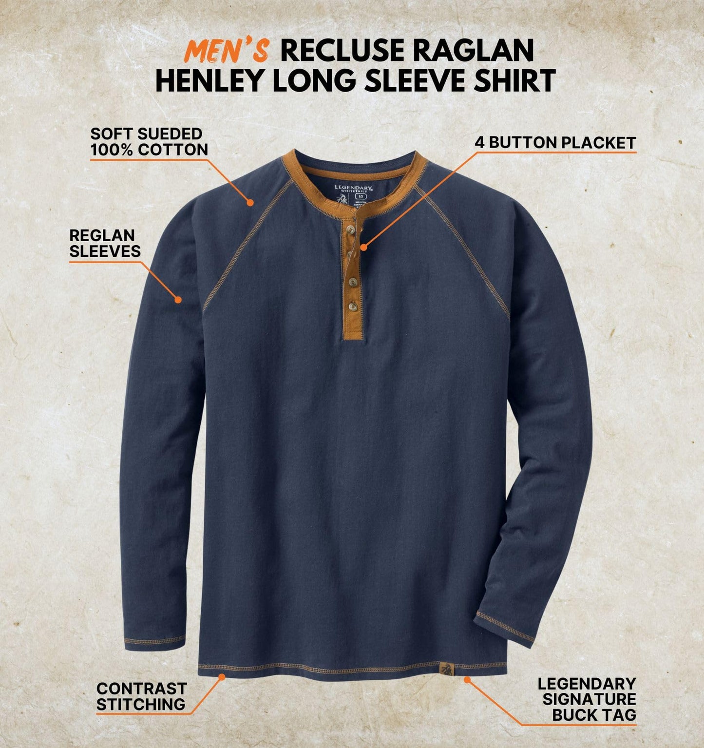 Legendary Whitetails Men's Size Long Sleeve Henley Shirt Button Up Casual Fit 100% Cotton, Navy, Large Tall