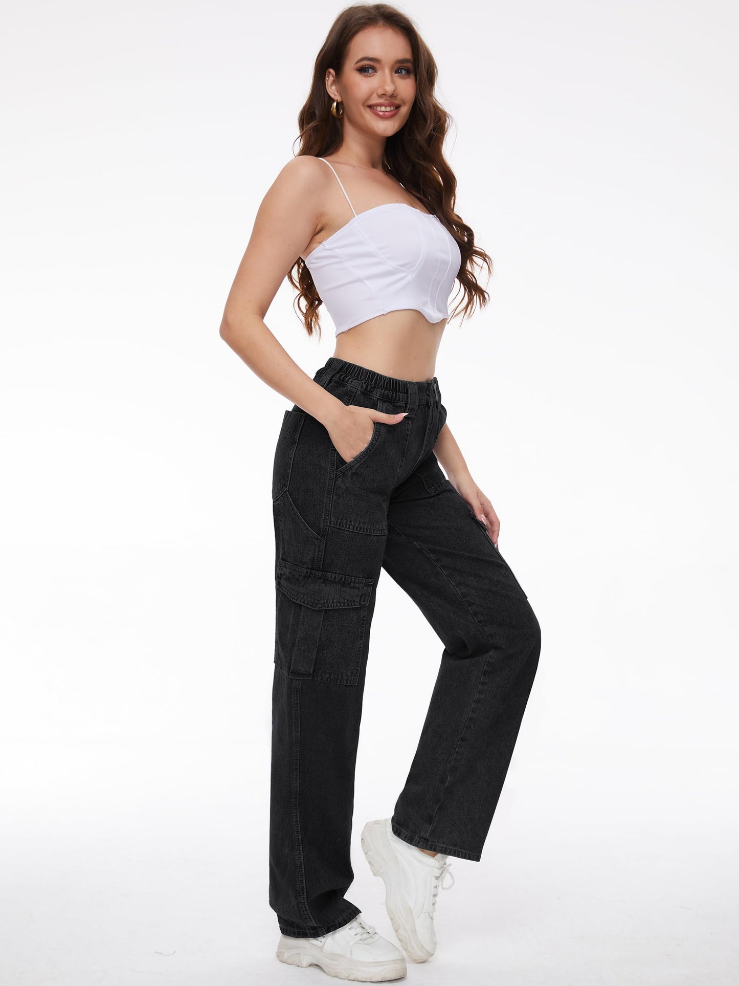 Tapata Women's 26"/28"/30"/32"/34" Cargo Jeans Straight Leg Short Petite Regular Tall Denim Relaxed Y2K Pants Black, M