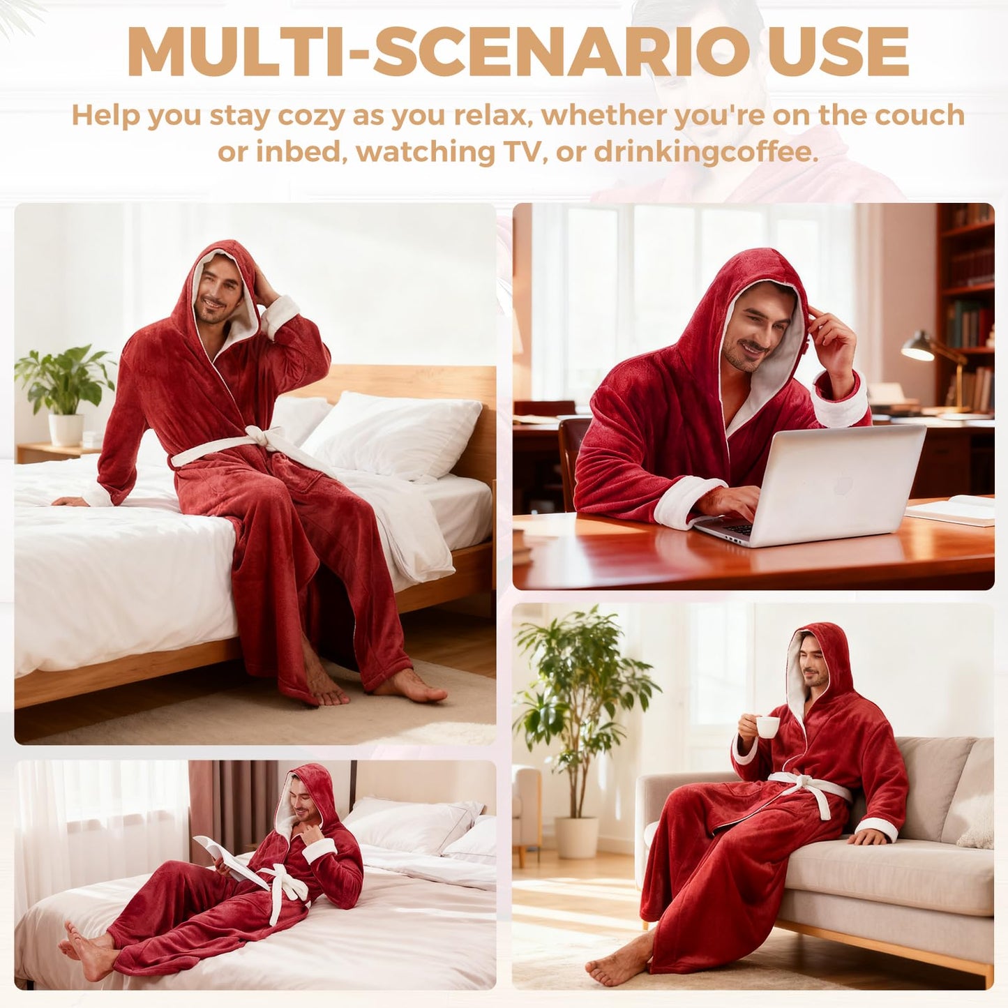 FashGudim Mens Robes Big and Tall with Hood Two-Tone Flannel Fleece Contrast Bathrobe Full Length Plush Long Robe Warm House Coat (Red & White, XXL)