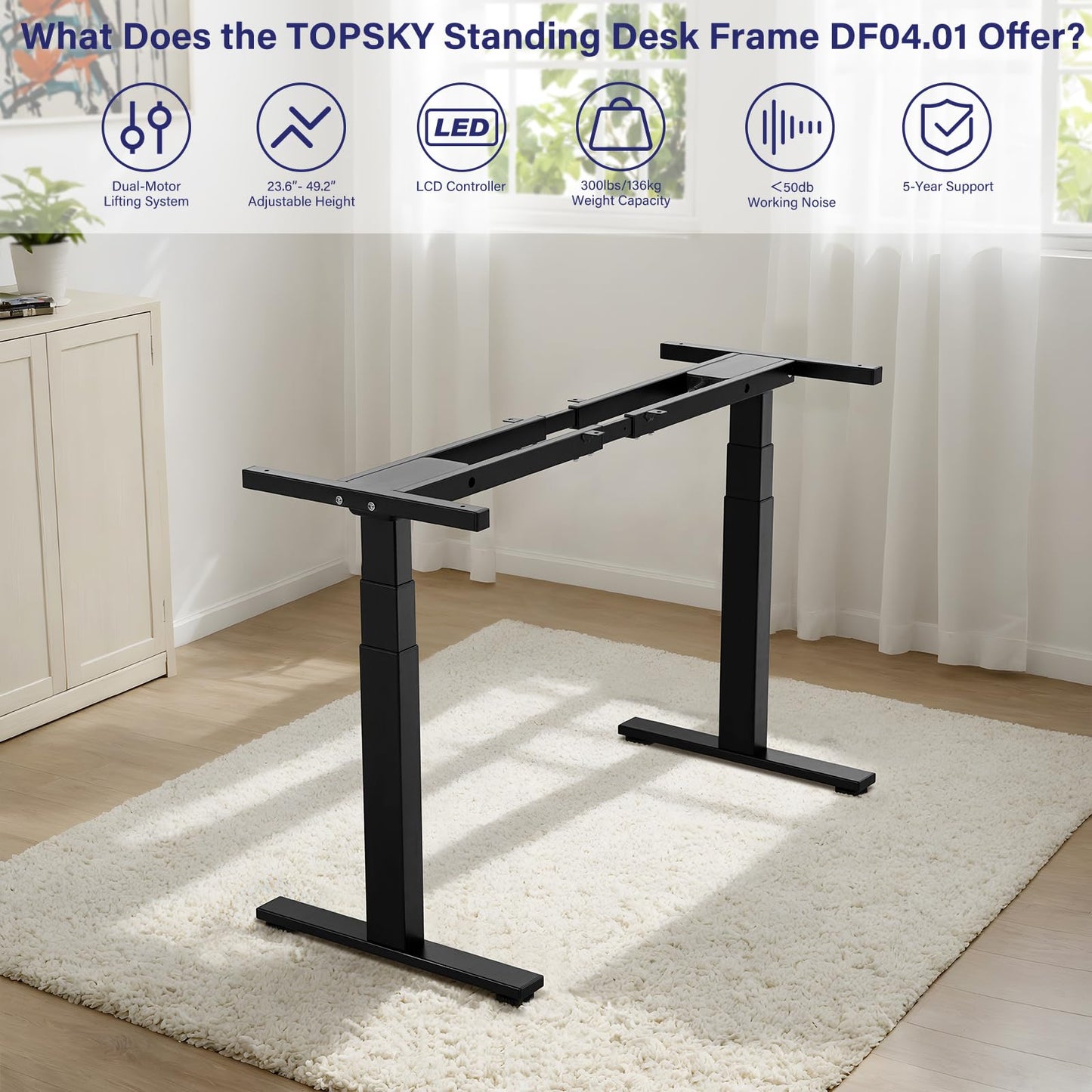 TOPSKY Dual Motor 3 Stage Electric Adjustable Standing Desk Frame for up to 80”x31.5” Table Tops Heavy Duty 300lb Load Capacity for Home Office (White Frame Only) - 49.2" Max Height