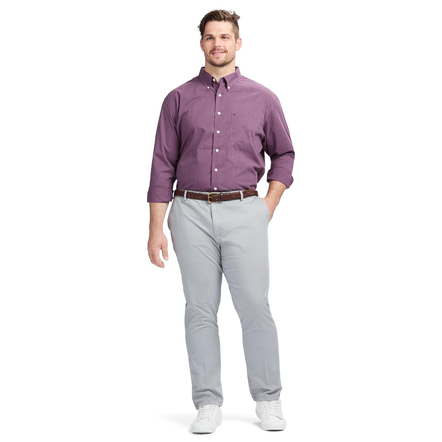 IZOD Men's Big and Tall Performance Comfort Long Sleeve Gingham Button Down Shirt, Plum Perfect, 3X-Large Tall