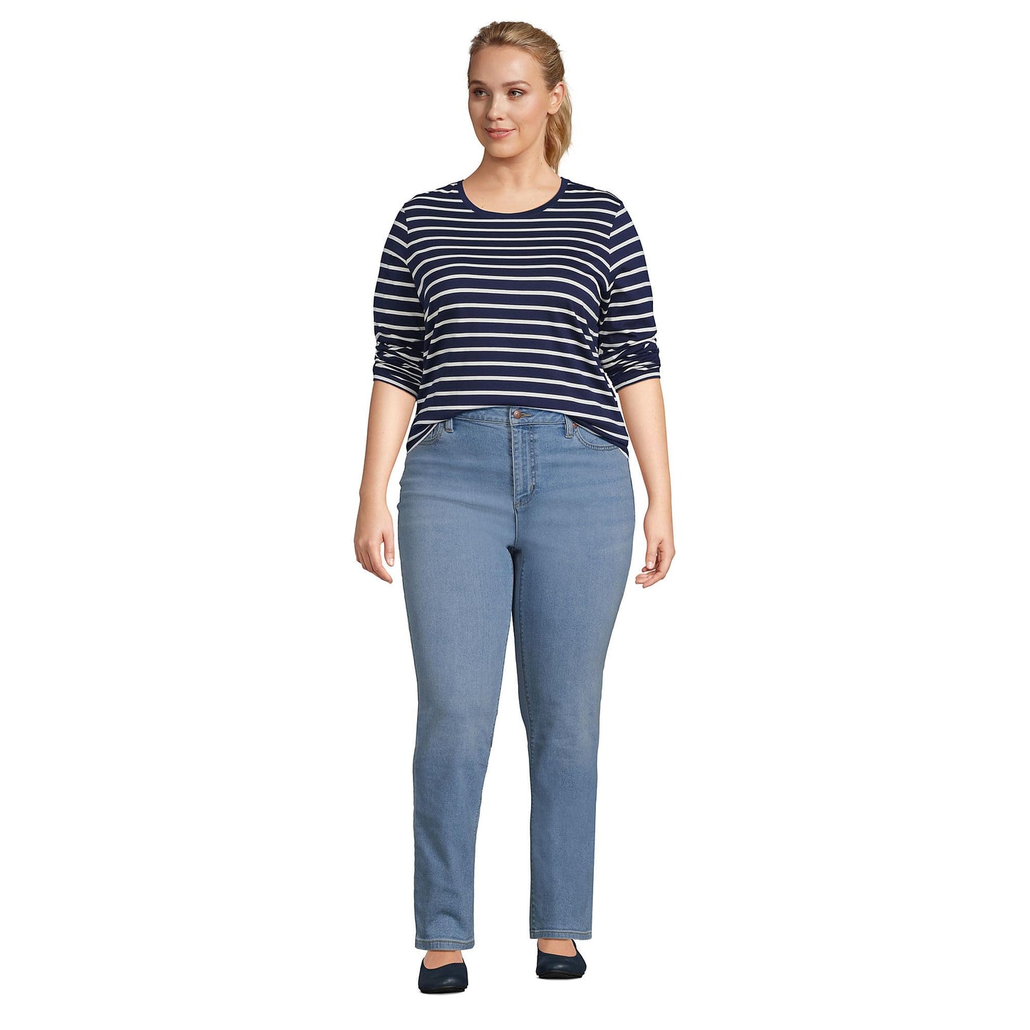 Lands' End Womens Long Sleeve Relaxed Supima Cotton Crew Neck T Shirt Deep Sea Navy Breton Stripe Tall Medium