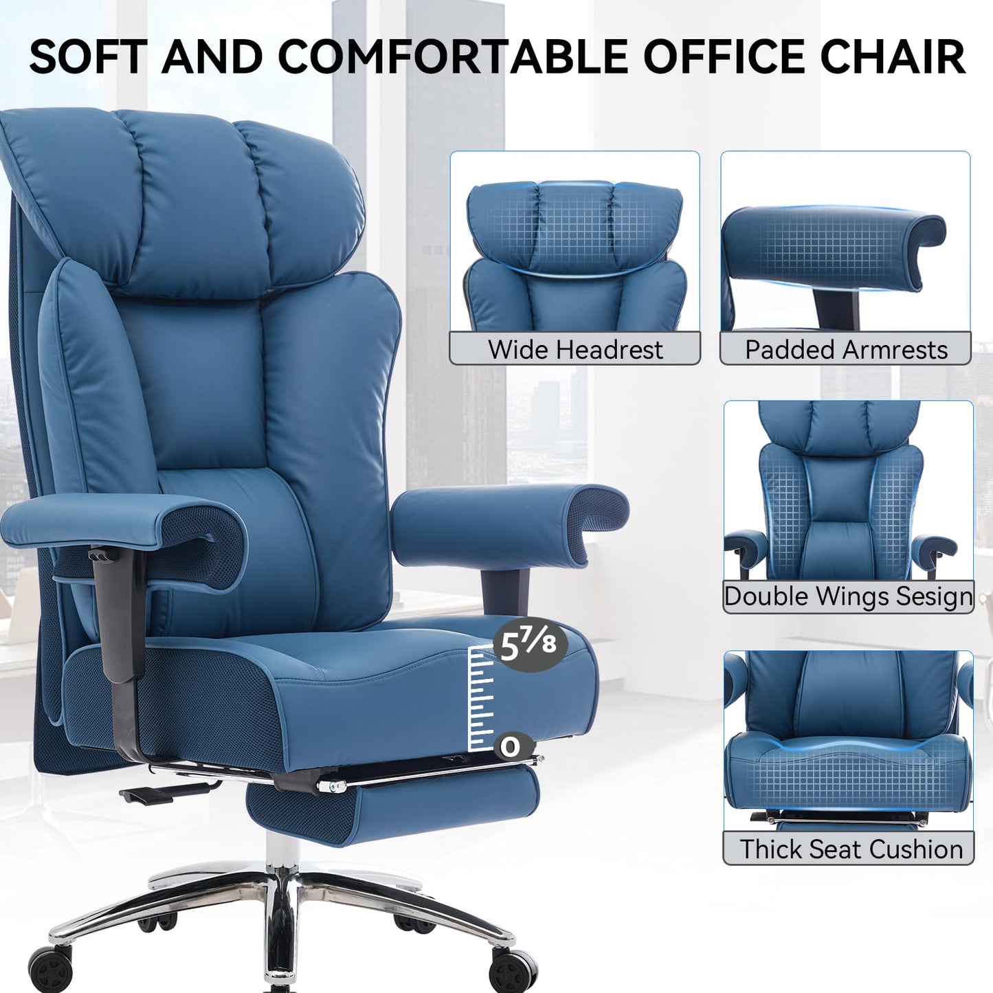 Efomao Ergonomic Office Chair 450LBS with Foot Rest, High Back PU Leather Big and Tall Executive Chair with Adjustable Padded Armrests, Lumbar Support for Home or Work, Heavy Duty Computer Chair, Blue