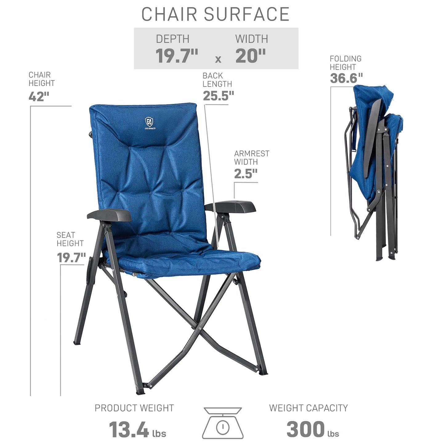 EVER ADVANCED Folding Padded Camping Chair 4 Positon Adjustable Recliner with High Back Support Portable for Adults, 300lbs Weight Capacity, Blue