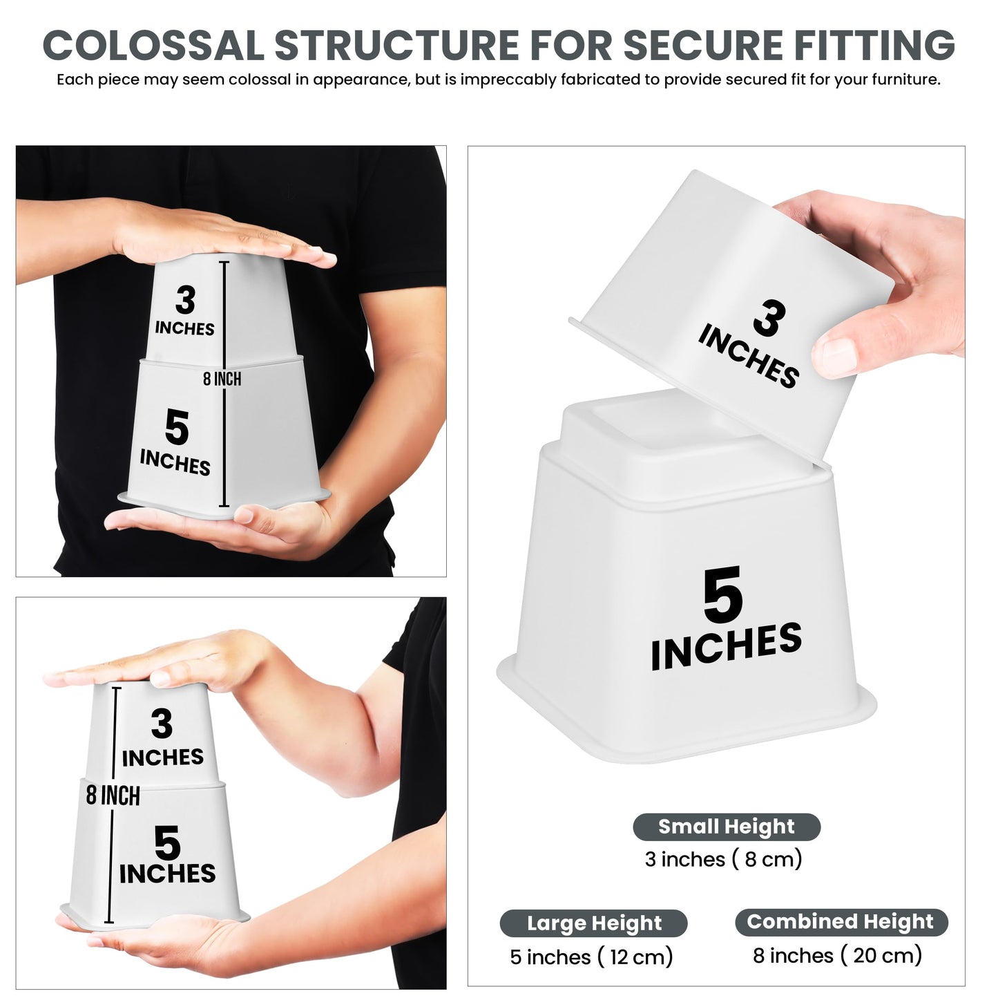 Utopia Bedding Adjustable Bed Furniture Risers - Elevation in Heights 3, 5 or 8 Inch Heavy Duty Risers for Beds and Under Bed Storage - Supports up to 1,300 lbs - (Set of 4 Riser, White)