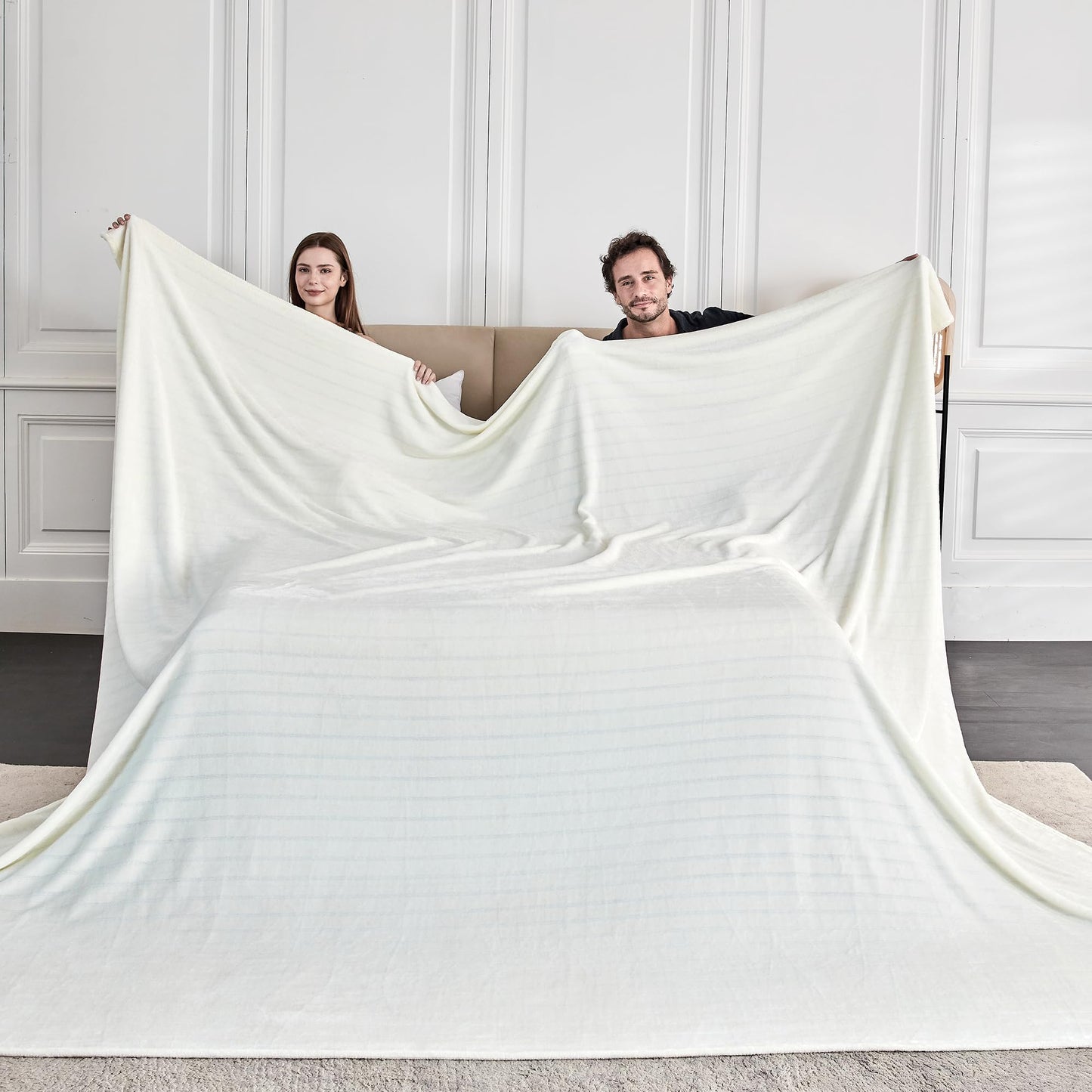 Serenhom Extra Large 120x120 Inch Giant Soft Cozy Fleece Blanket, Huge Oversized Seamless King 3D Jacquard Decorative California King Blanket for Bed, Couch, Travel - Striped Ivory White