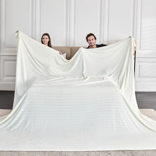 Serenhom Extra Large 120x120 Inch Giant Soft Cozy Fleece Blanket, Huge Oversized Seamless King 3D Jacquard Decorative California King Blanket for Bed, Couch, Travel - Striped Ivory White