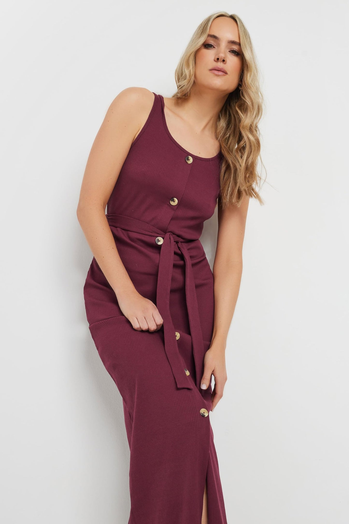 Long Tall Sally LTS Tall Women's Ribbed Button Through Maxi Dress Burgundy 12