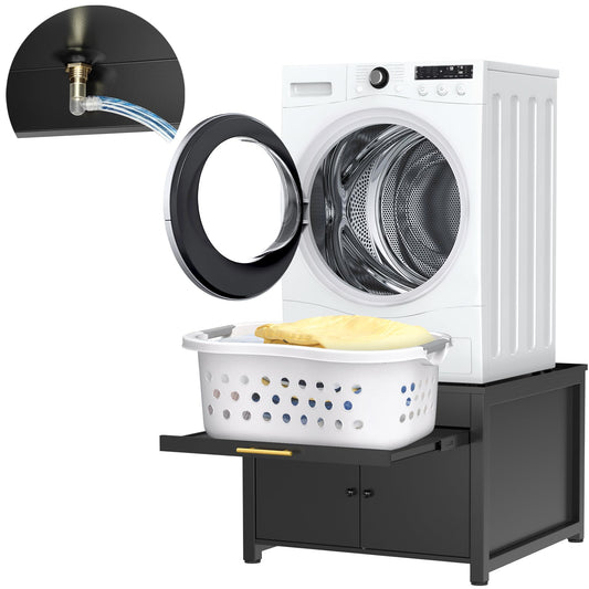 GDLF Laundry Pedestal Heavy Duty Metal Washer Dryer Pedestal 29" Universal Fit Anti-Vibration Washing Machine Stand with Laundry Basket Shelf and Built-in Drain Pan + Hose,770 LBS Capacity