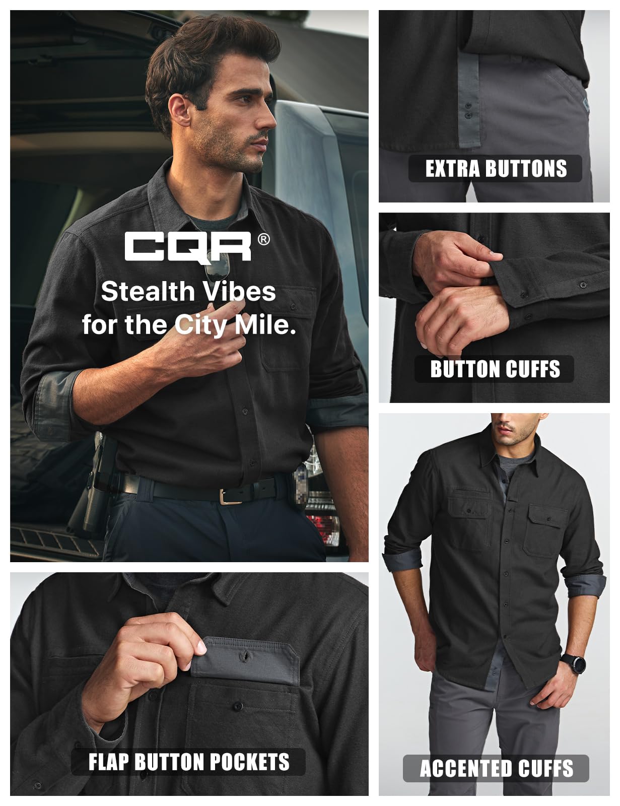 CQR Men's Flannel Button Down Shirts, Soft Cotton Plaid Long Sleeve Tactical Work Shirt, Warm Outdoor Essential with Pocket, Stealth Black, X-Large Tall