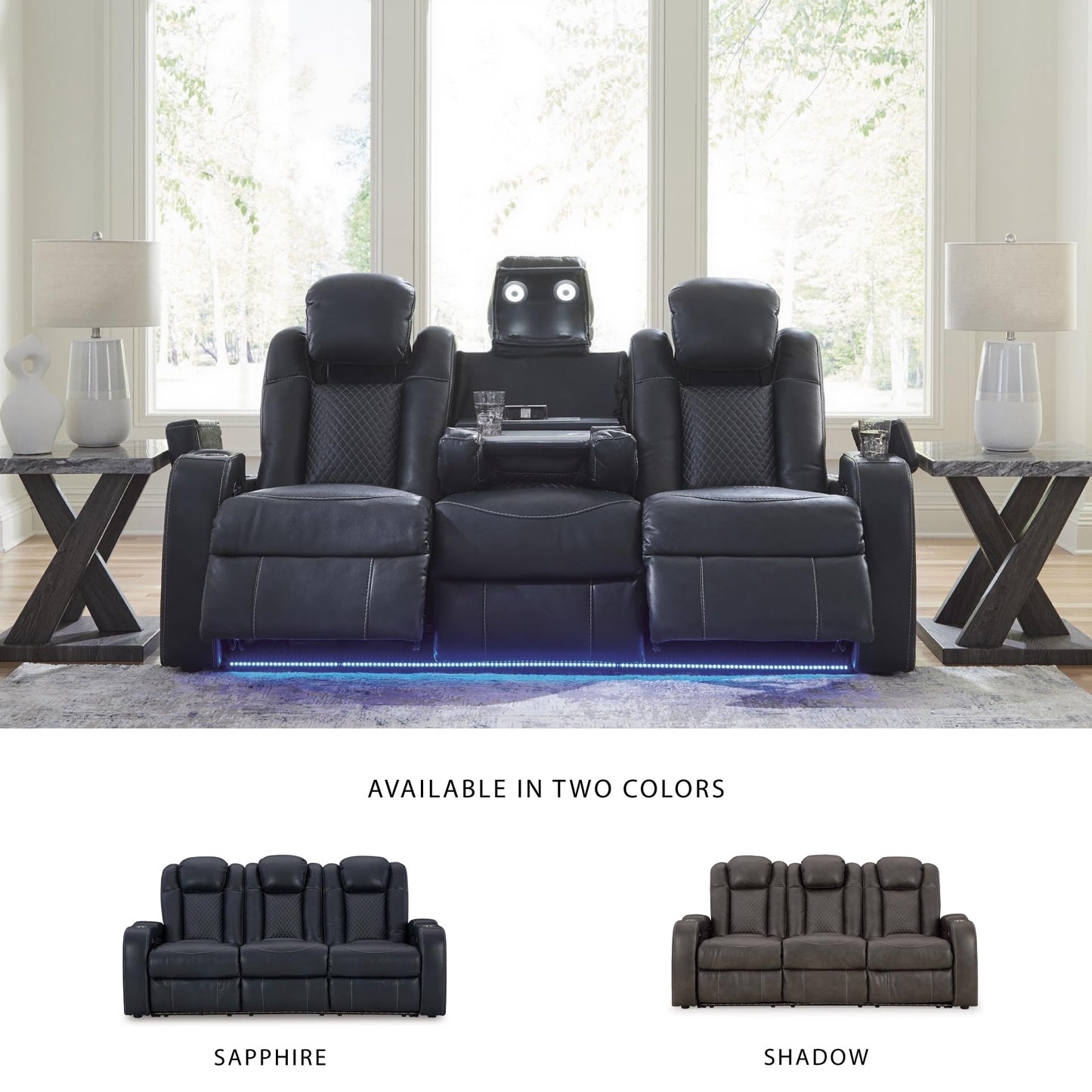 Signature Design by Ashley Fyne-Dyme Contemporary Power Reclining Sofa with USB Charging Ports and Adjustable Headrest, Blue