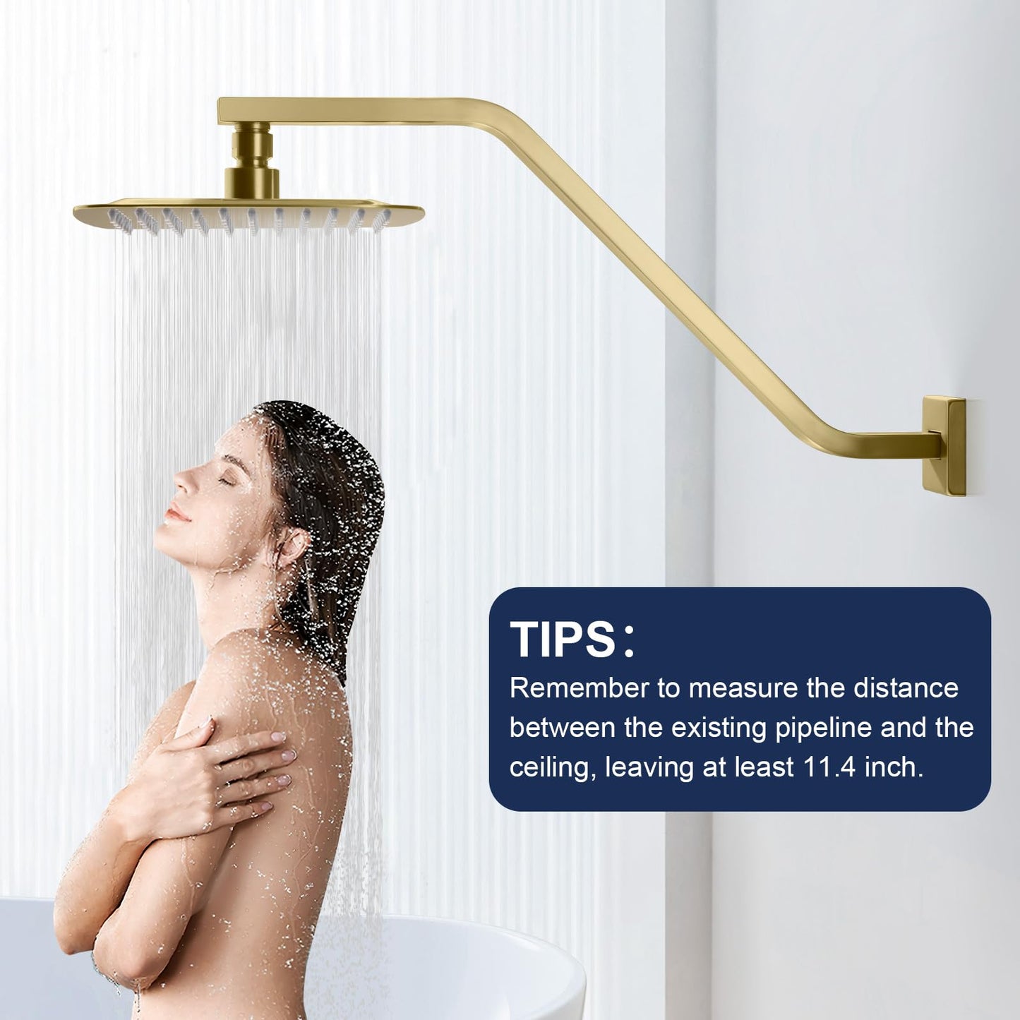 Uvish Square Shower Head Extension Arm with Flange, 16.5 Inch Z/S Shaped High Rise Shower Pipe Extender Wall-Mounted for Fixed Bathroom, Shower Head Goose Neck Arm - Extra Long Thread, Brushed Gold
