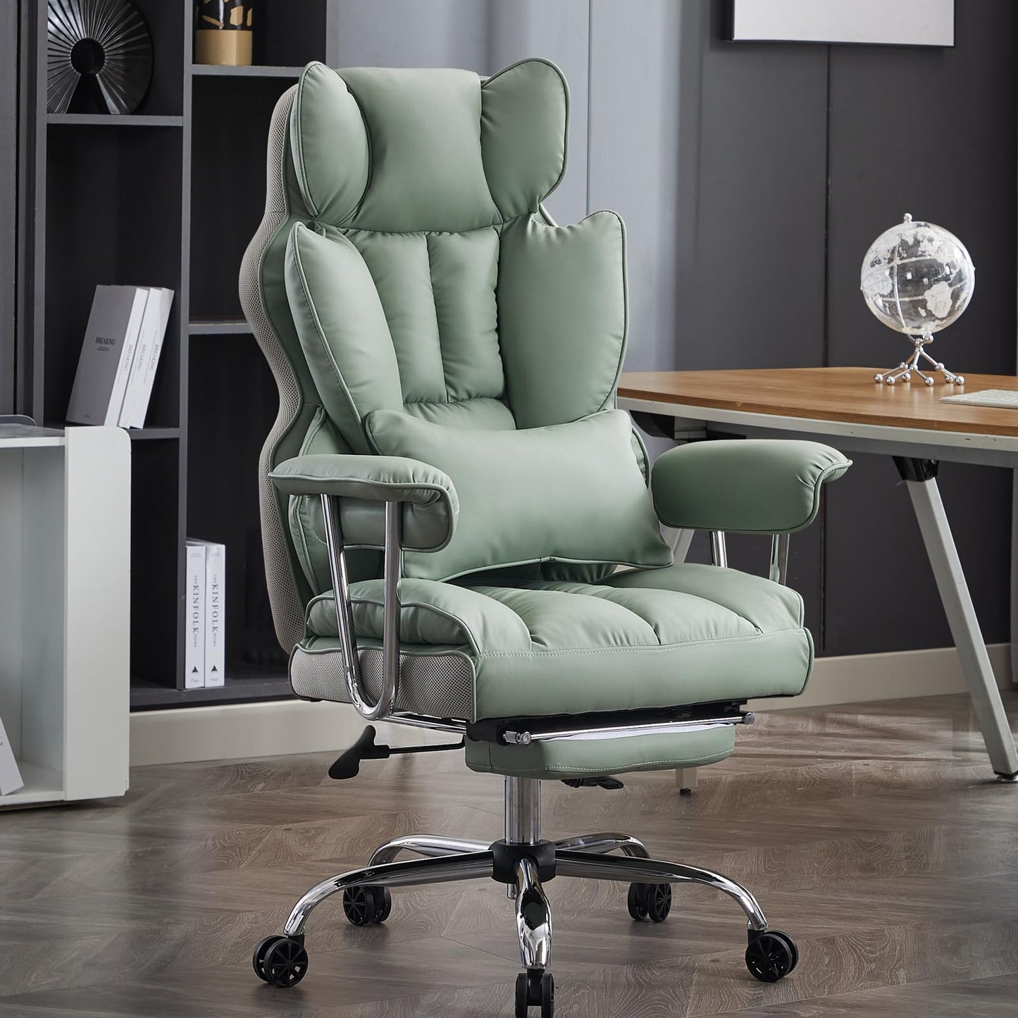 Efomao Big and Tall Office Chair 400lbs - Executive Office Chairs with Footrest, Heavy-Duty PU Leather Computer Chair for Heavy People, Light Green Home Office Desk Chairs