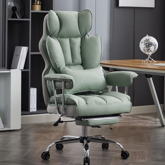 Efomao Big and Tall Office Chair 400lbs - Executive Office Chairs with Footrest, Heavy-Duty PU Leather Computer Chair for Heavy People, Light Green Home Office Desk Chairs