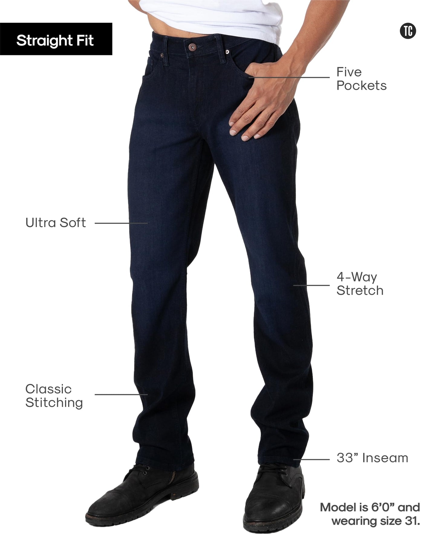 True Classic Mens Jeans – Stretch Jeans for Men, Straight Fit Men’s Stretch Jean, Straight Leg, High-Stretch - Indigo, 32W X 36L