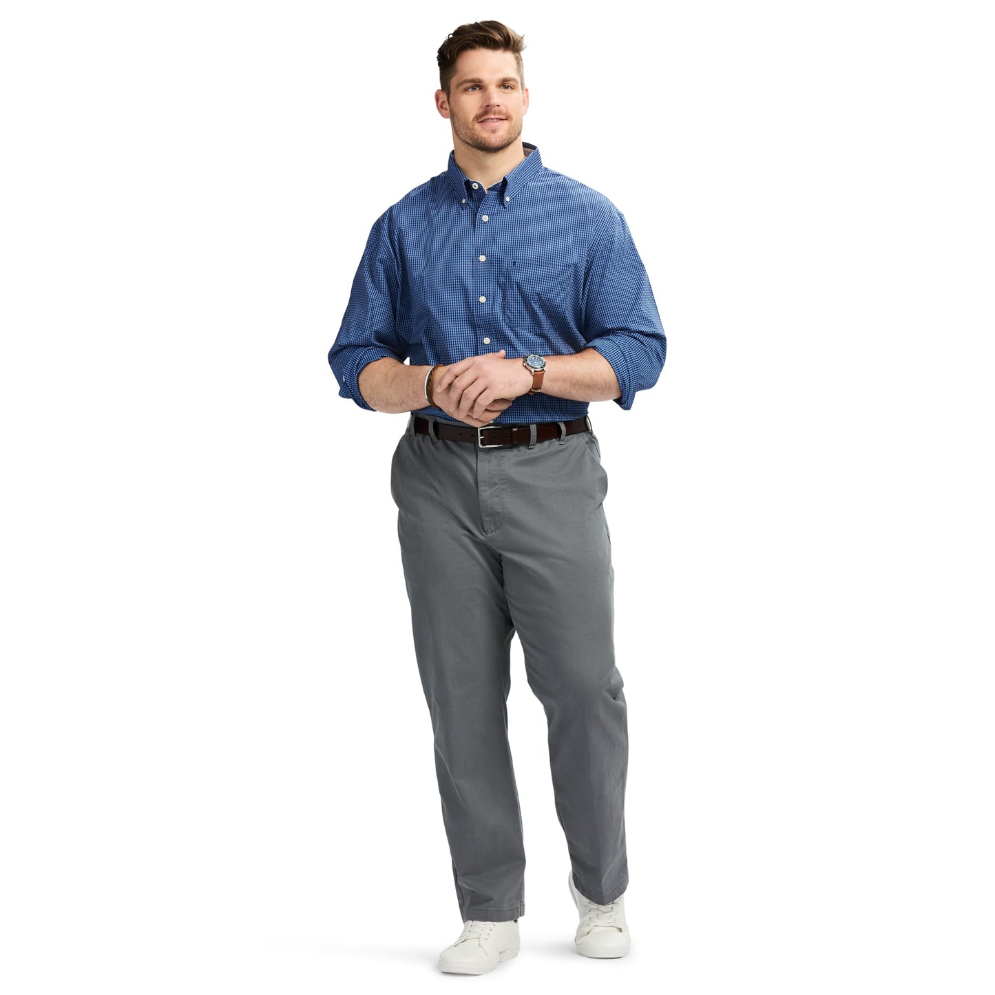 IZOD Men's Big and Tall Performance Comfort Long Sleeve Gingham Button Down Shirt, Ebb and Flow