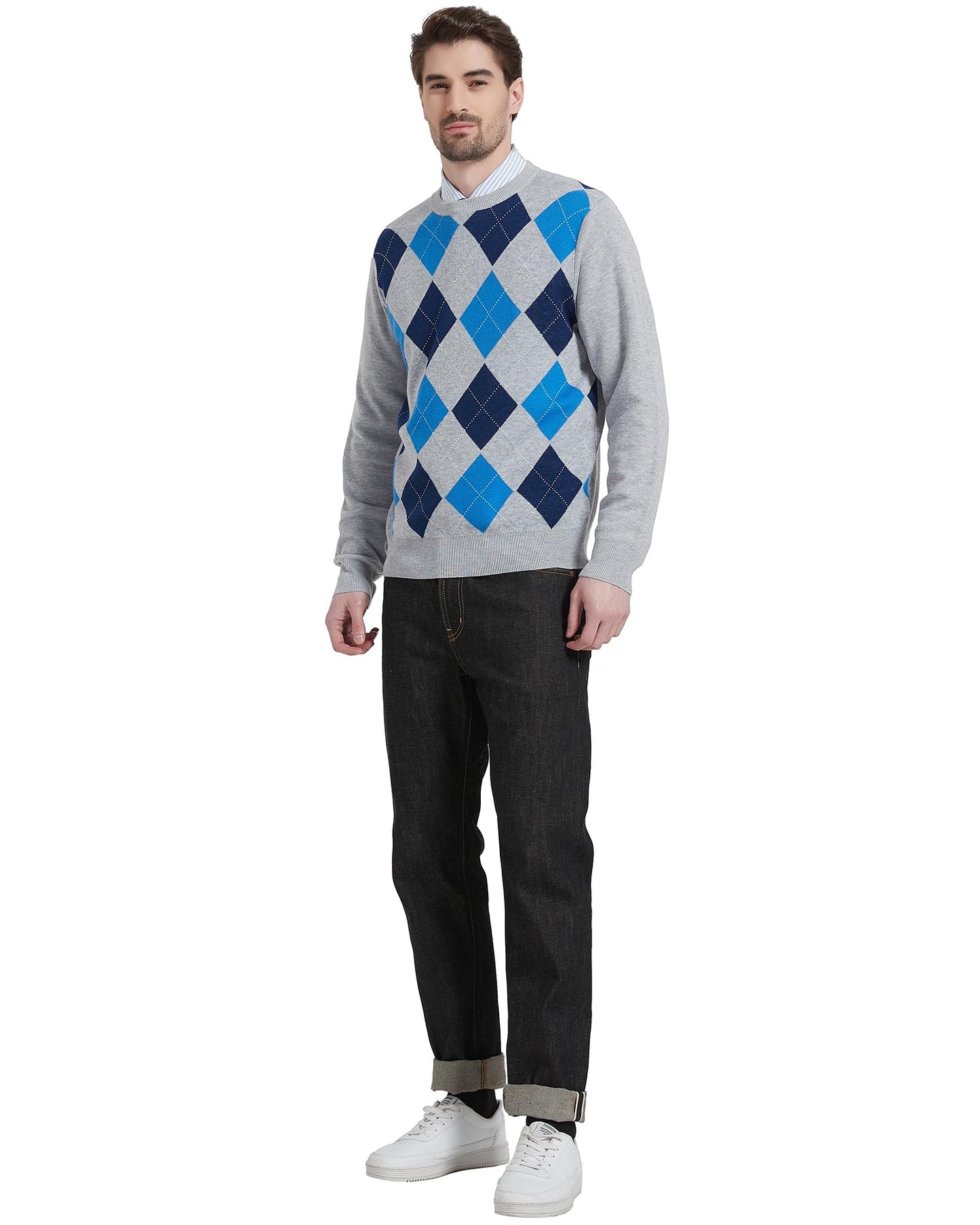 Kallspin Men's Wool Blend Crewneck Sweater Argyle Long Sleeve Pullover Sweater for Casual Or Dressy Wear(Light Grey,2XL-Tall)