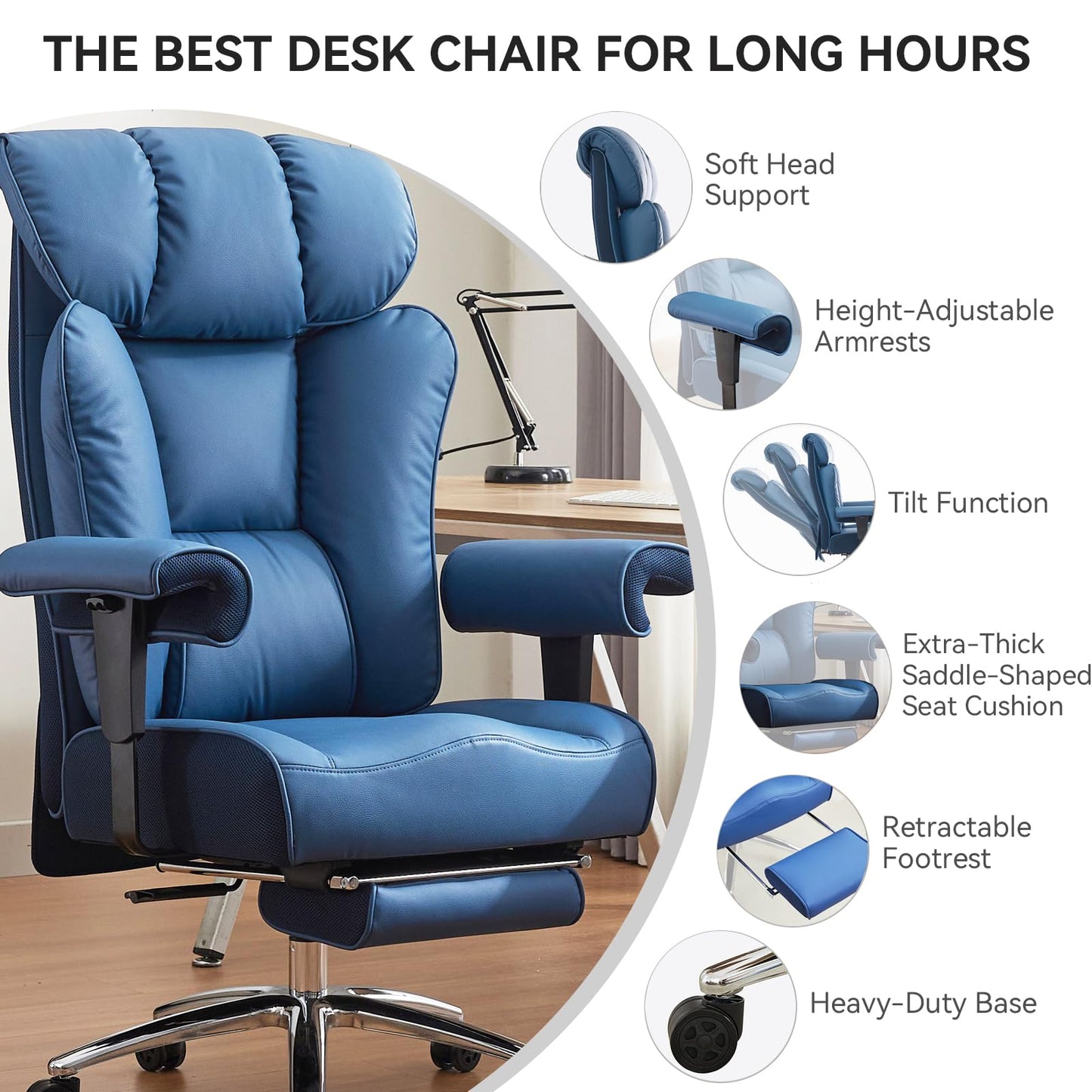 Efomao Ergonomic Office Chair 450LBS with Foot Rest, High Back PU Leather Big and Tall Executive Chair with Adjustable Padded Armrests, Lumbar Support for Home or Work, Heavy Duty Computer Chair, Blue