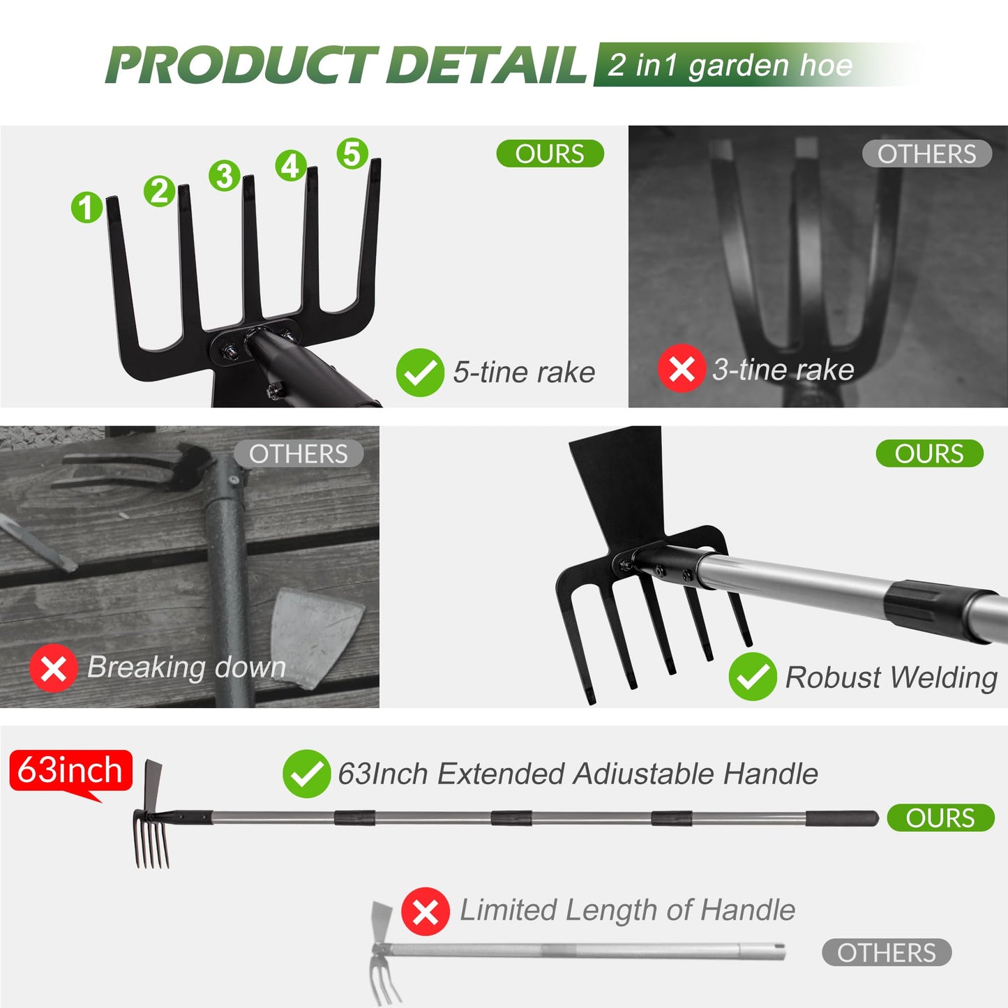 Walensee Hoe Garden Tool, 63 Inch Garden Hoe with Adjustable Long Handle for Weeding, 5-Tines Hoe Cultivator 2 in 1 Hand Weeder Tools for Yard Lawn Planting Gardening Digging