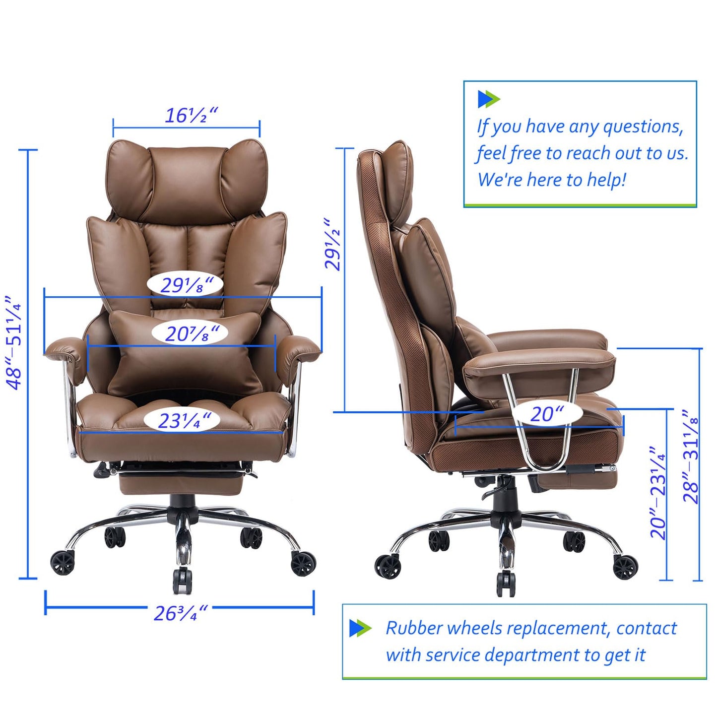 Efomao Big and Tall Office Chair 400lbs – High Back PU Leather Executive Chair with Lumbar Support, Footrest, Swivel Base, Padded Armrests, and Rolling Wheels for Home Office, Brown Computer Chair