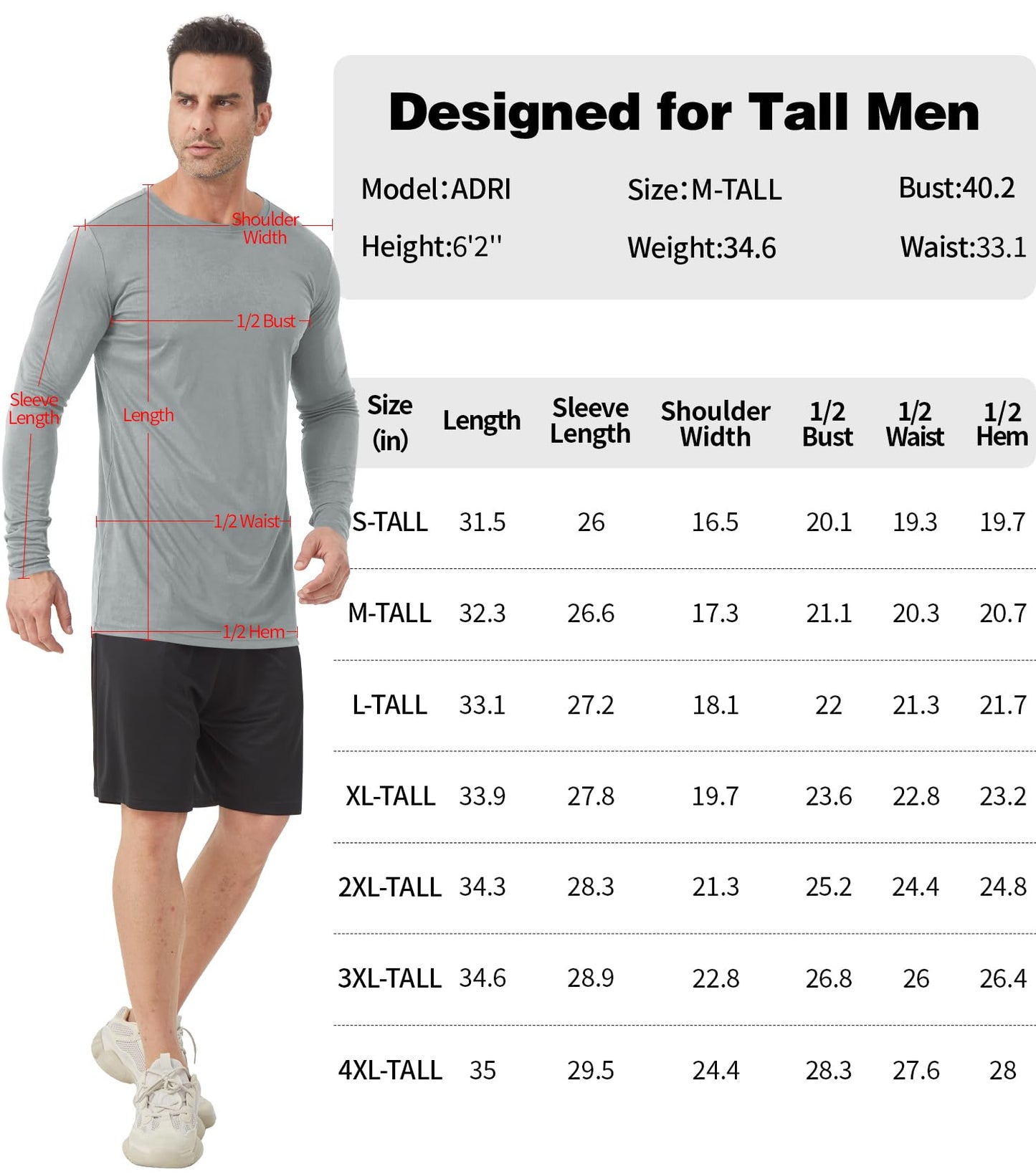 Men's Tall Rash Guard Long Sleeve T Shirts - UPF 50+ Sun Protection Tee Shirt for Fishing, Swim, Hiking Grey