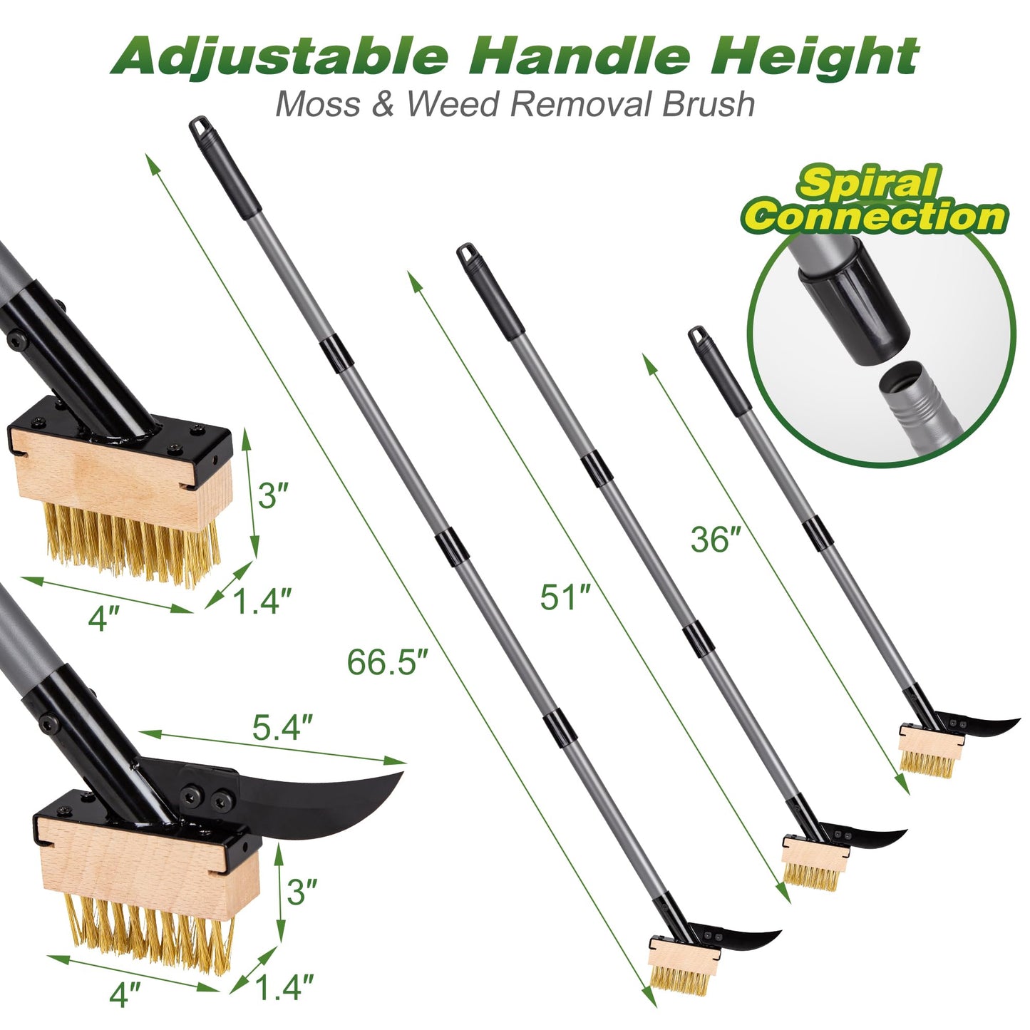 Walensee 3-in-1 Crack Weeder & Moss Remover Brush with 66.5-Inch Adjustable Handle, Weed Puller with 2 Replaceable Brush Heads and Scraper for Deck, Patio, Walkway, Driveway Crevice Cleaning Tool
