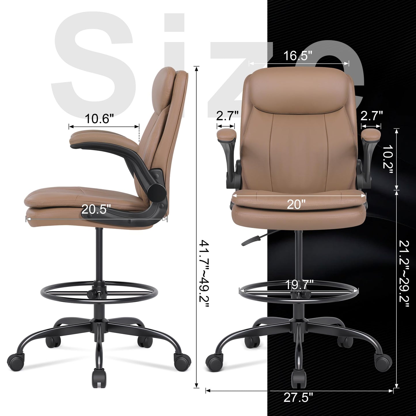 Misolant Leather Drafting Chair, Tall Office Chair for Standing Desk, High Executive Office Chair with Adjustable Height and Flip-up Armrest for Counter Height Desk