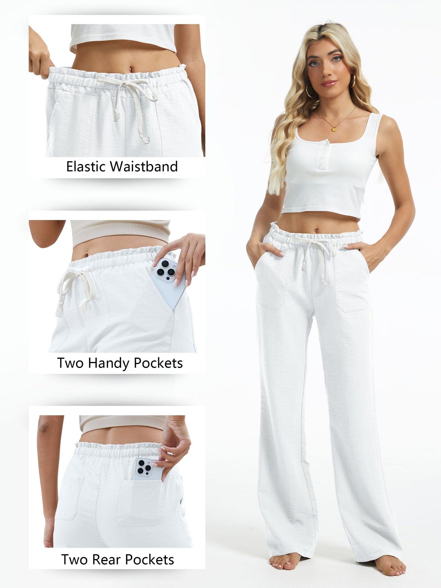 SEVEGO Women's Casual Linen Pants Extra Tall 36" Inseam Flared Leg Smocked Waist Beach Summer Slacks, White, Medium
