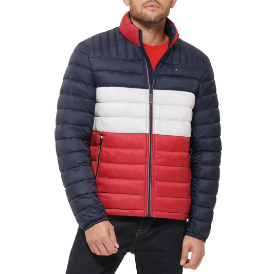 Tommy Hilfiger Men's Ultra Loft Lightweight Packable Puffer Jacket (Standard and Big & Tall), Midnight/White/Red w/Patch, L-Tall