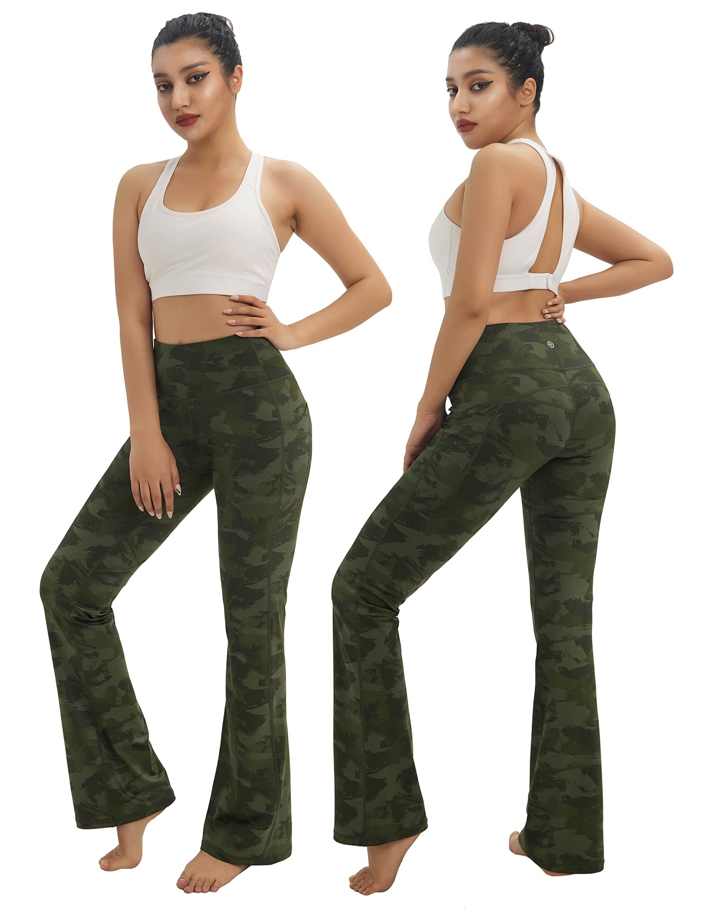 BUBBLELIME 29"/31"/33"/35" 4 Styles Women's Tummy Control Bootcut Yoga Pants - Side Pockets_Green BRUSHCAMO S-35 Inseam
