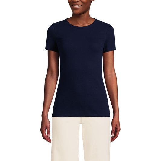Lands' End Womens Short Sleeve Micro Rib Crew Deep Sea Navy Tall Small