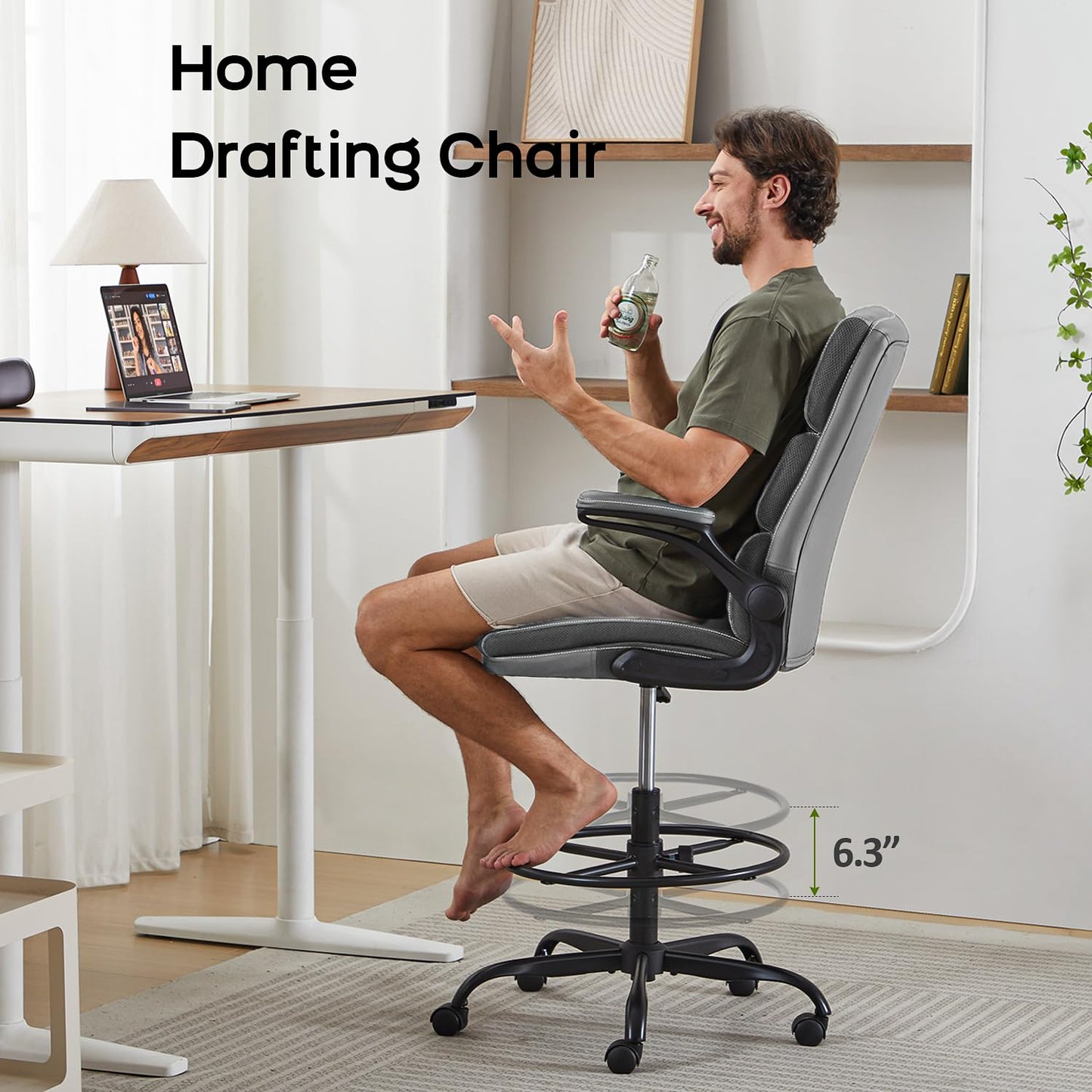 Drafting Chair Tall Office Chair with Padded Flip-up Armrests Executive Ergonomic Computer Standing Desk Chair with Comfortable Leather Backrest and Adjustable Footrest Ring (Gray)