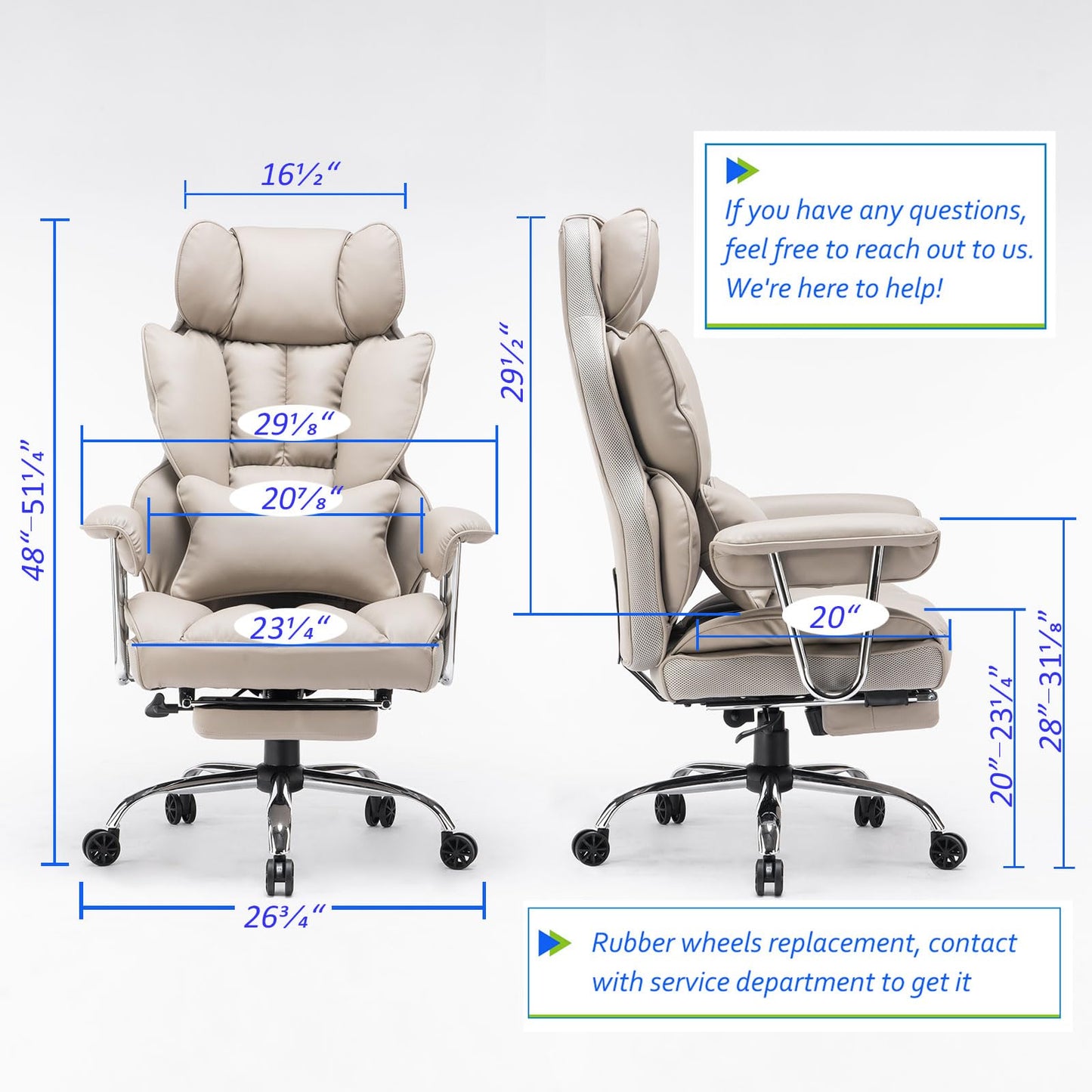 Efomao Big and Tall Office Chair 400lbs – High Back PU Leather Executive Chair with Lumbar Support, Footrest, Swivel Base, Padded Armrests, and Rolling Wheels for Home Office, Grey Computer Chair