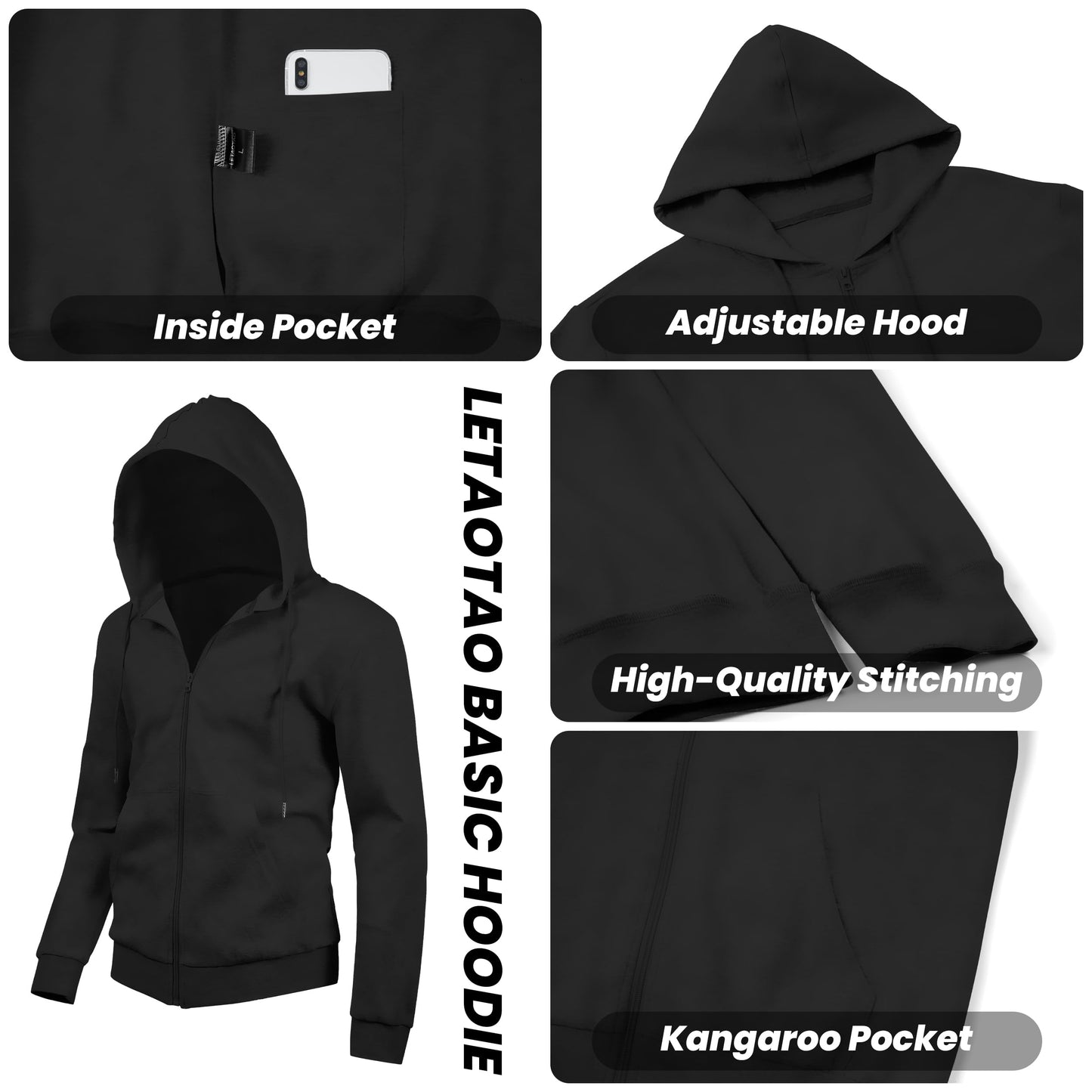 LETAOTAO Lightweight Hoodie Men Zip Up Hooded Sweatshirt Thin Slim Fit Jacket Available in Regular & Tall Sizes(Black,Tall-3XL)