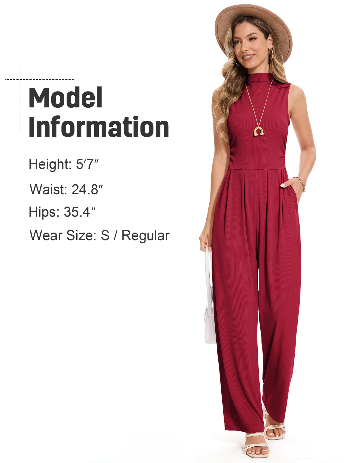 Tapata Women's Jumpsuits Dressy Casual One Piece Outfits Sleeveless Rompers Wide Leg Pants with Pockets, Tall, Burgundy, Small