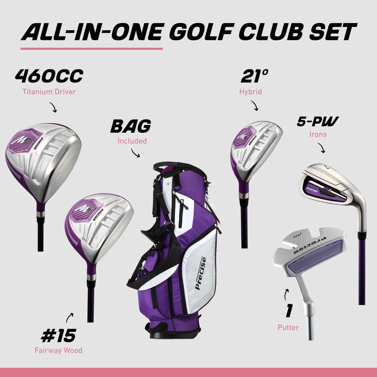 Precise M5 Womenβs Golf Clubs Set β Complete Right-Handed Set with Titanium Driver, S.S. Fairway & Hybrid, 5-PW Irons, Putter, Stand Bag & Headcovers β Graphite Shafts β Purple β Petite/Standard/Tall