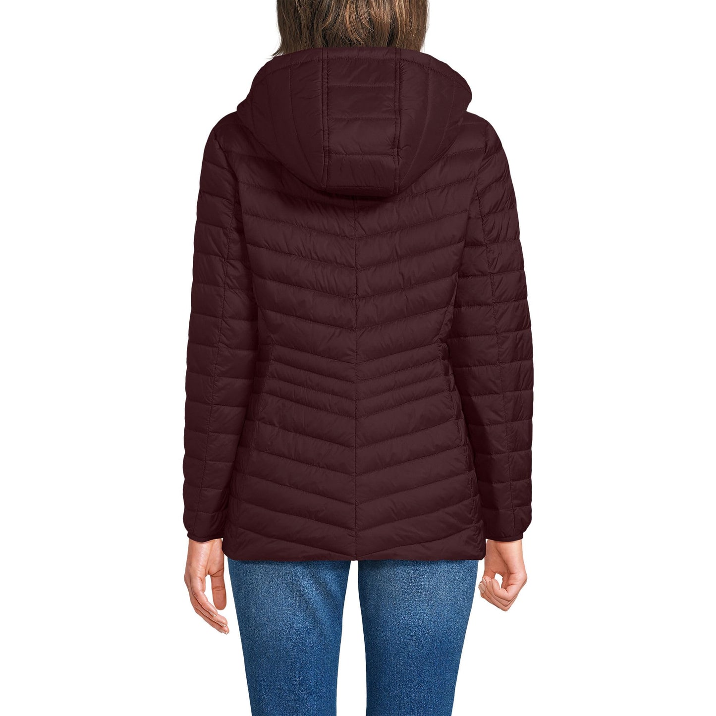 Lands' End Womens Packable Chevron Hooded Long Wanderweight Down Jacket Lush Burgundy Tall Large