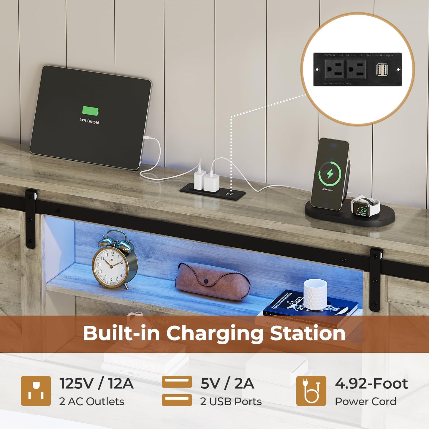 Hasuit Farmhouse Bed Frame California King Size with 4 Storage Drawers, Wooden Platform Cal King Beds with Charging Station and LED Lights, Rustic Bed with Storage Headboard and Sliding Barn Door