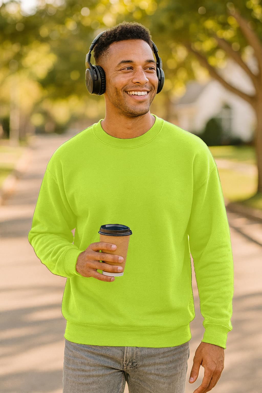 JustBlanks Fleece Sweatshirt for Men Tall Men’s Sweatshirt Crewneck Sweatshirt Relaxed-Fit Pullover Sweatshirt - Safety Green - 3XLT