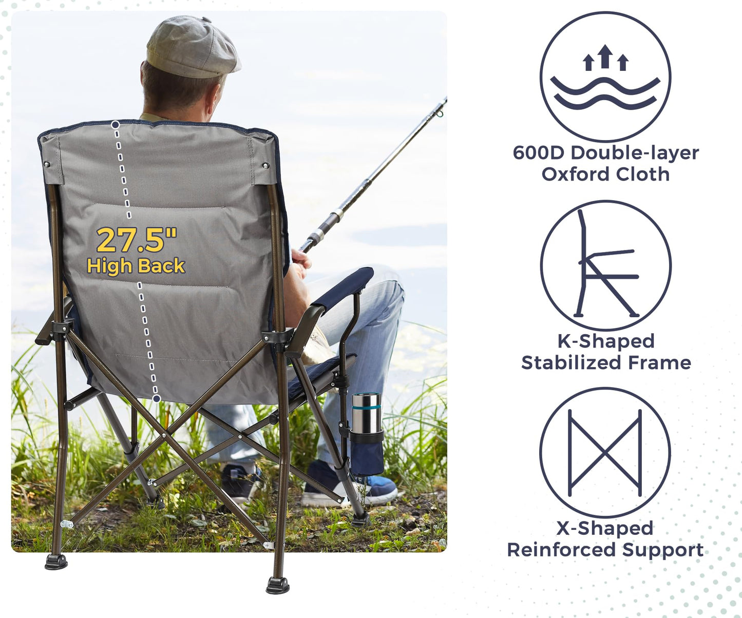 SKIKEN Large High Back Camping Chair for Adults - Oversized Comfortable for Tall People - Heavy Duty 450lbs Capacity K-Frame, Padded Seat & Armrests for Sitting Fishing Lawn Outside, Cup Holder (Blue)