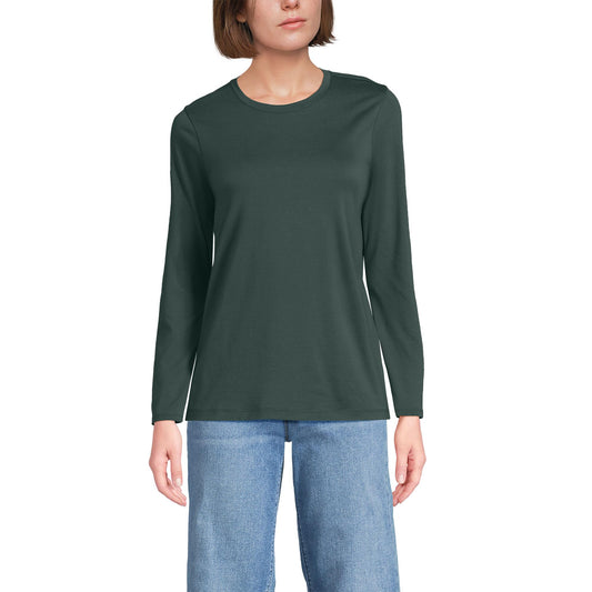 Lands' End Womens Long Sleeve Relaxed Supima Cotton Crew Neck T Shirt Evening Forest Tall Large