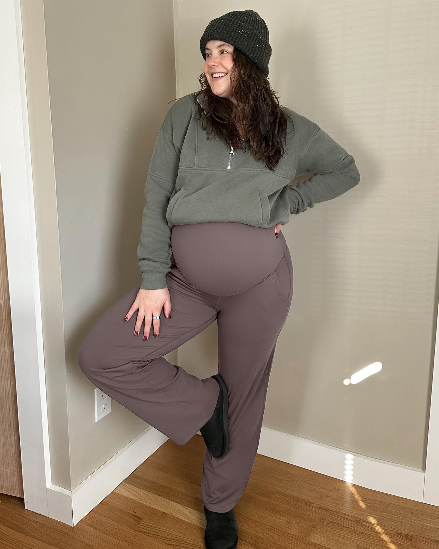 G4Free Maternity Yoga Pants with Pockets Pregnancy Fall Outfits Dress Work Pants for Athletic Workout Casual(Taupe,S,34")