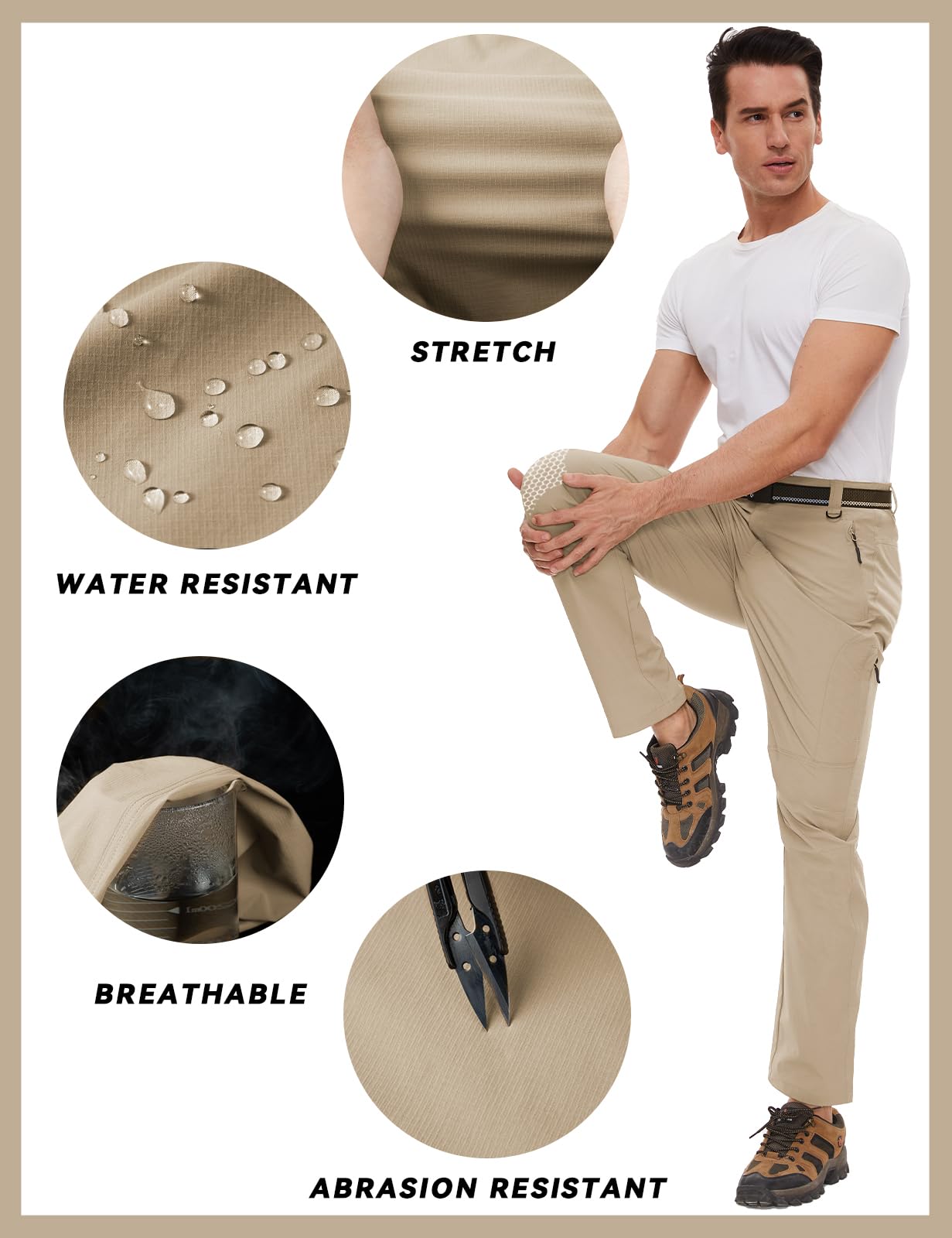 SEVEGO 30"/32"/34"/36" Inseam Men's Tall Hiking Pants Quick Dry Outdoor Waterproof Fishing Cargo Pants with Belt 5 Pockets 38" Khaki XXL